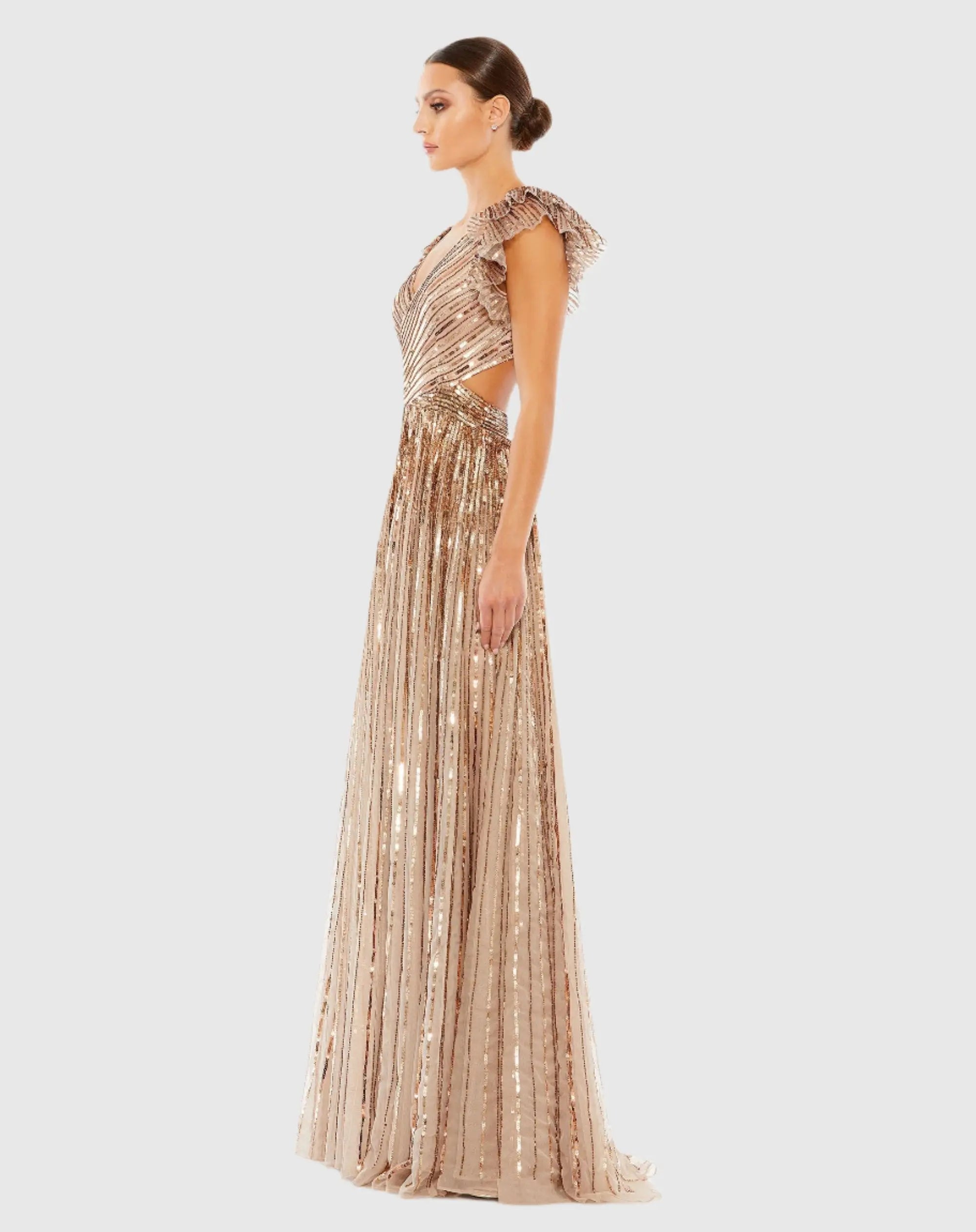 Beige Sequined Cut Out Ruffled Cap Sleeve Lace Up Gown