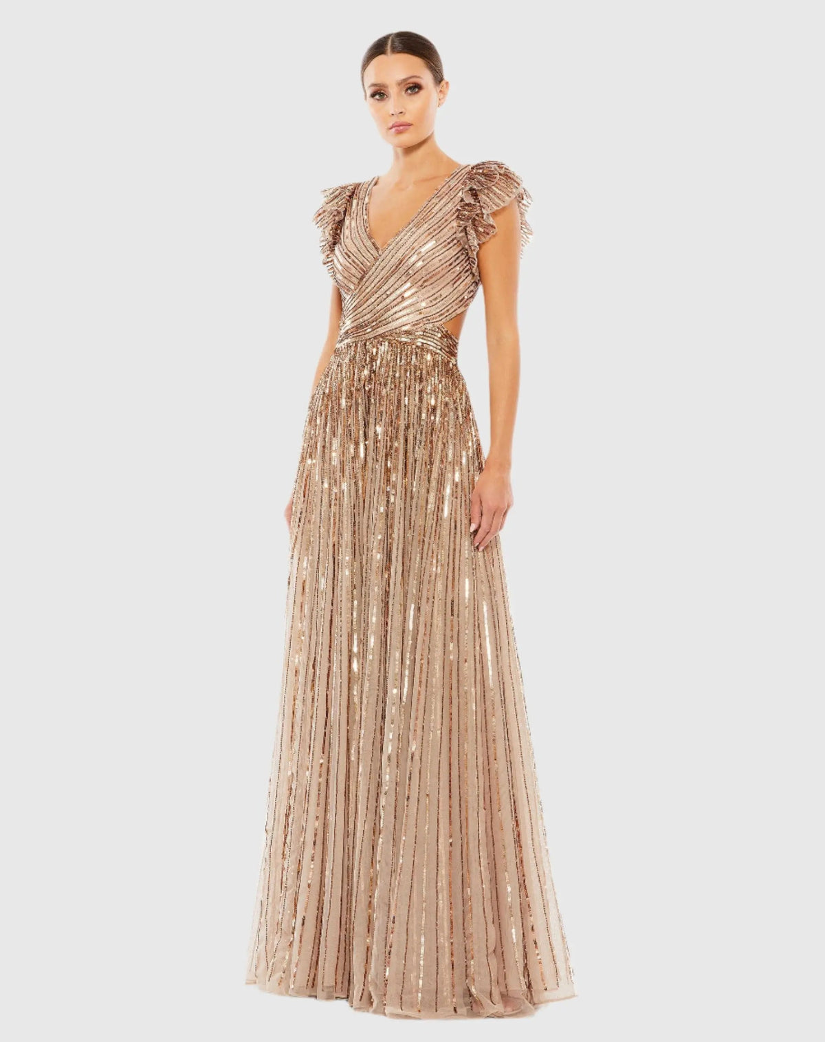 Beige Sequined Cut Out Ruffled Cap Sleeve Lace Up Gown