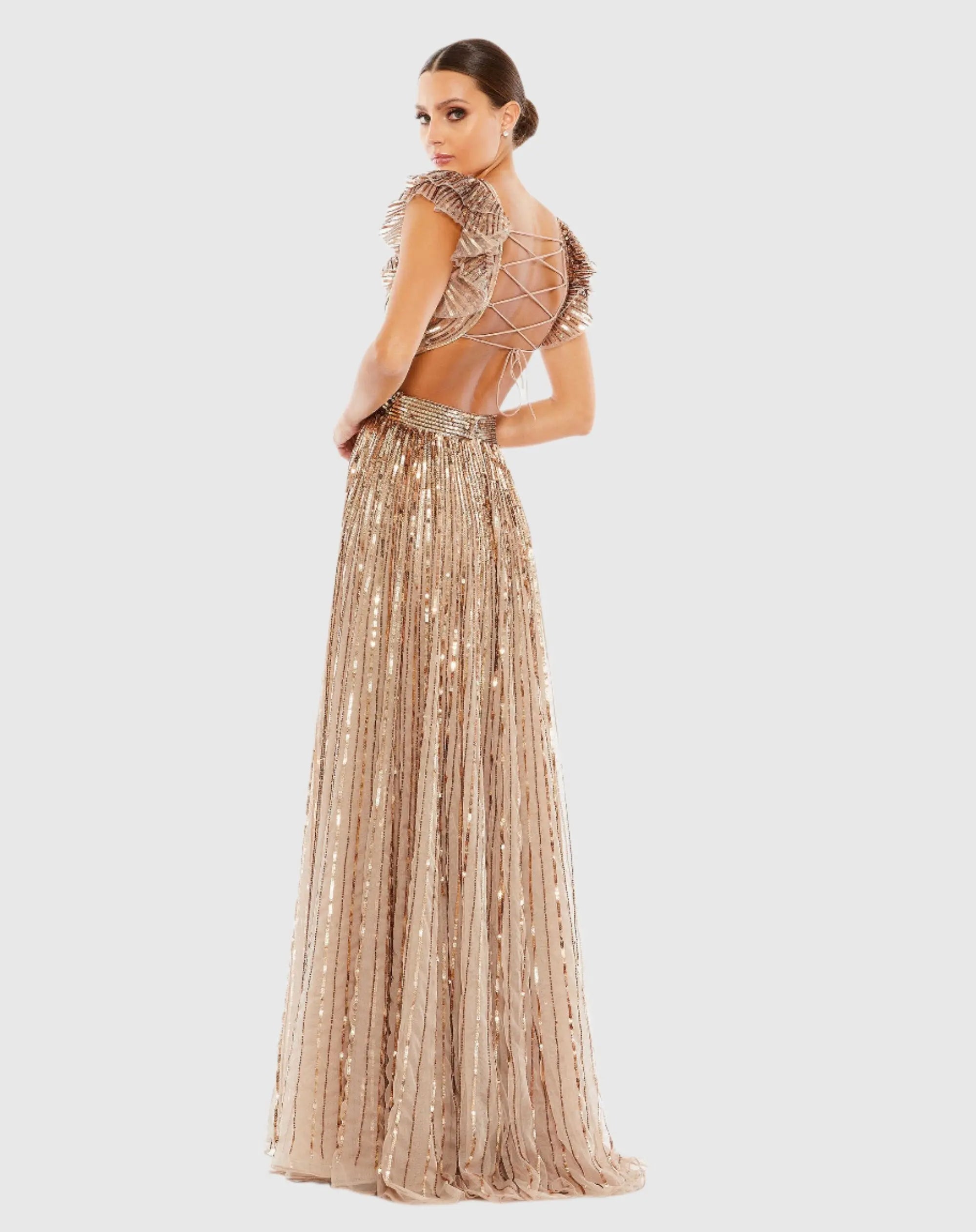 Beige Sequined Cut Out Ruffled Cap Sleeve Lace Up Gown