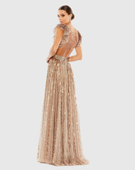 Beige Sequined Cut Out Ruffled Cap Sleeve Lace Up Gown