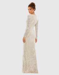 Beige Sequined Faux Wrap Long Sleeve Column Gown