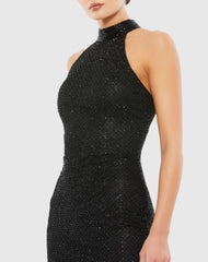 Black Beaded Halter Neck Midi Dress