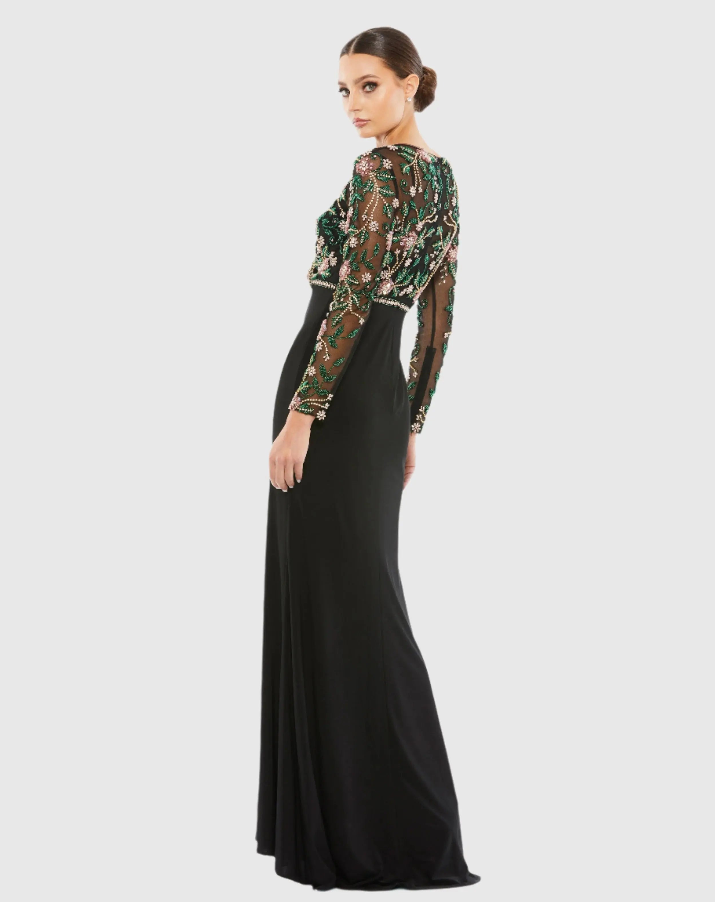 Black Beaded Illusion High Neck Trumpet Gown