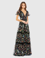 Black Floral Print Pleated Wrap Over Butterfly Sleeve Maxi Dress