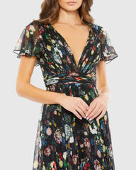 Black Floral Print Pleated Wrap Over Butterfly Sleeve Maxi Dress