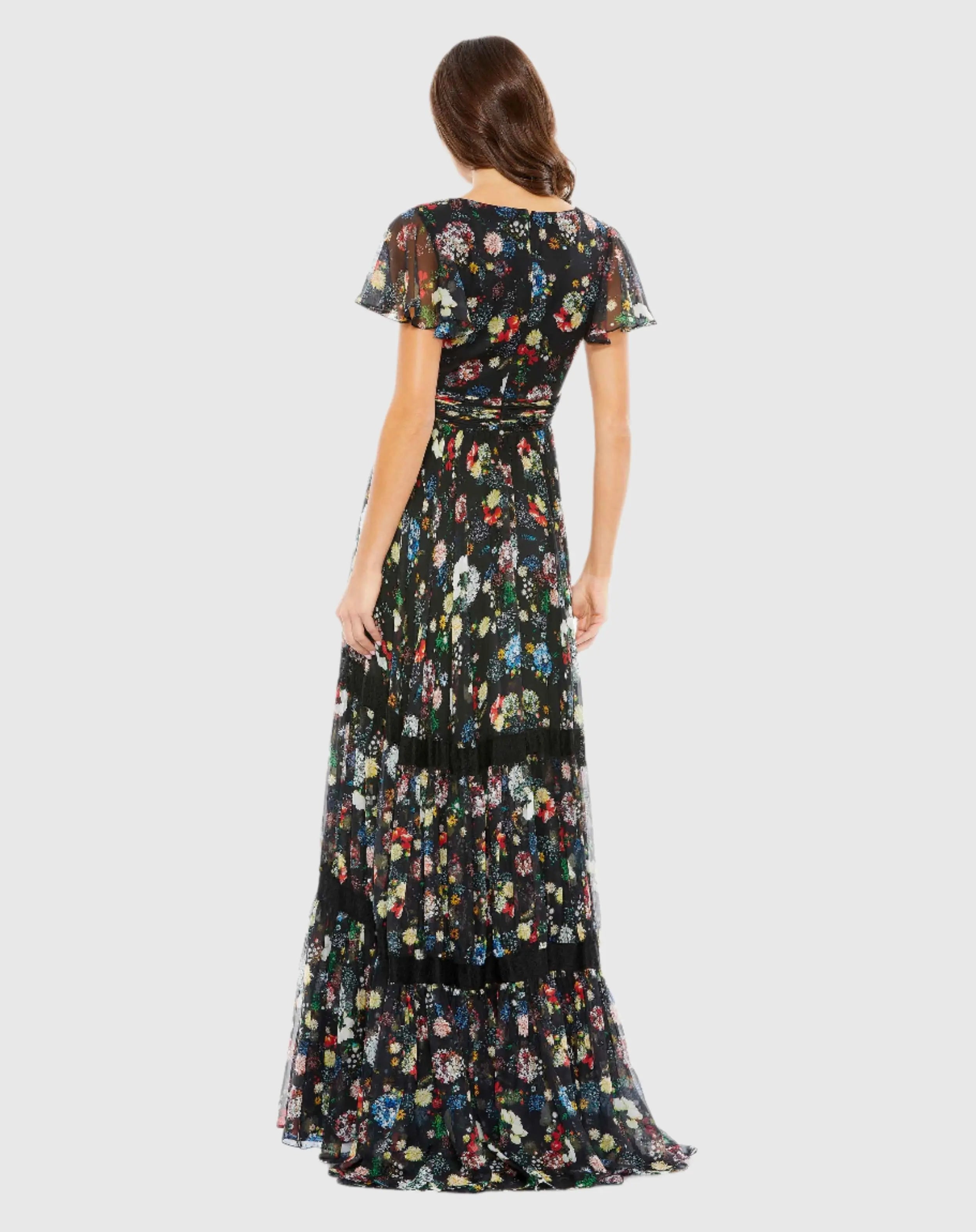 Black Floral Print Pleated Wrap Over Butterfly Sleeve Maxi Dress