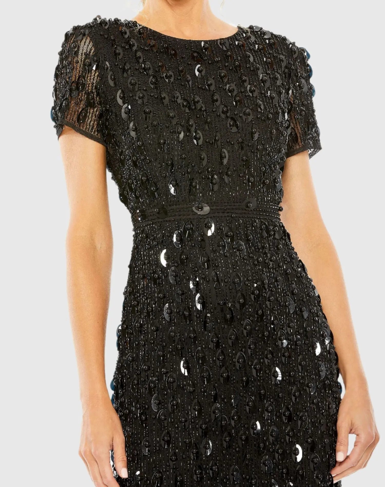 Black High Neck Short Sleeve Embellished Dress