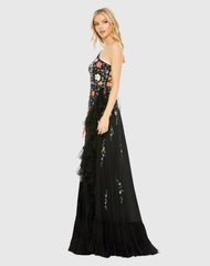 Black Multicolor Embellished One Shoulder Asymmetrical Hem Dress