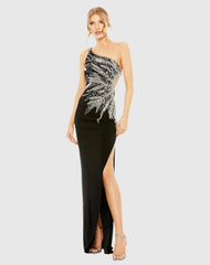 Black One Shoulder Cut Out Embellished Gown
