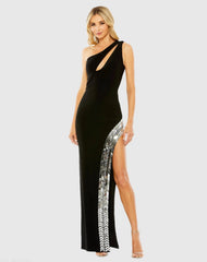 Black One Shoulder Cut Out Mirror Sequin High Slit Gown