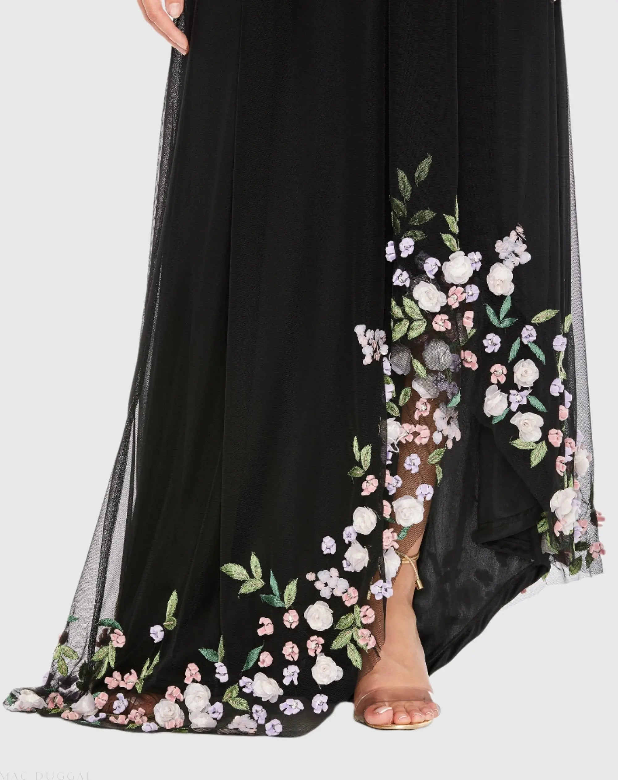 Black One Shoulder Trapeze Embellished High Low Gown