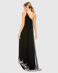 Black One Shoulder Trapeze Embellished High Low Gown