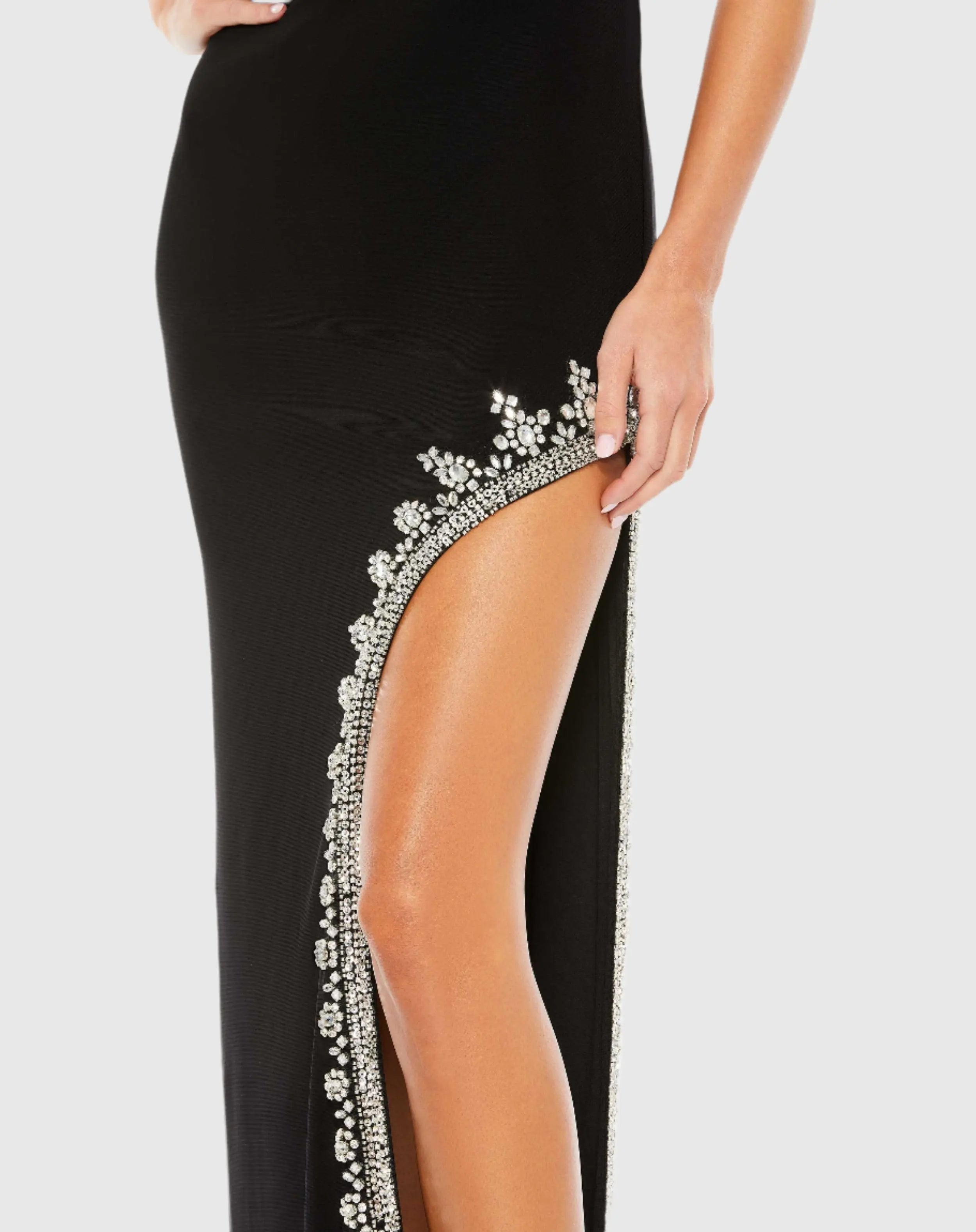 Black Rhinestone Encrusted Side Slit Cami Bodycon Gown