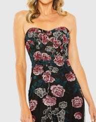 Black Floral Embroidered Strapless Gown