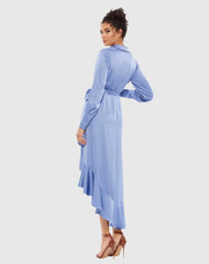 Blue Long Sleeve Faux Wrap Midi Dress
