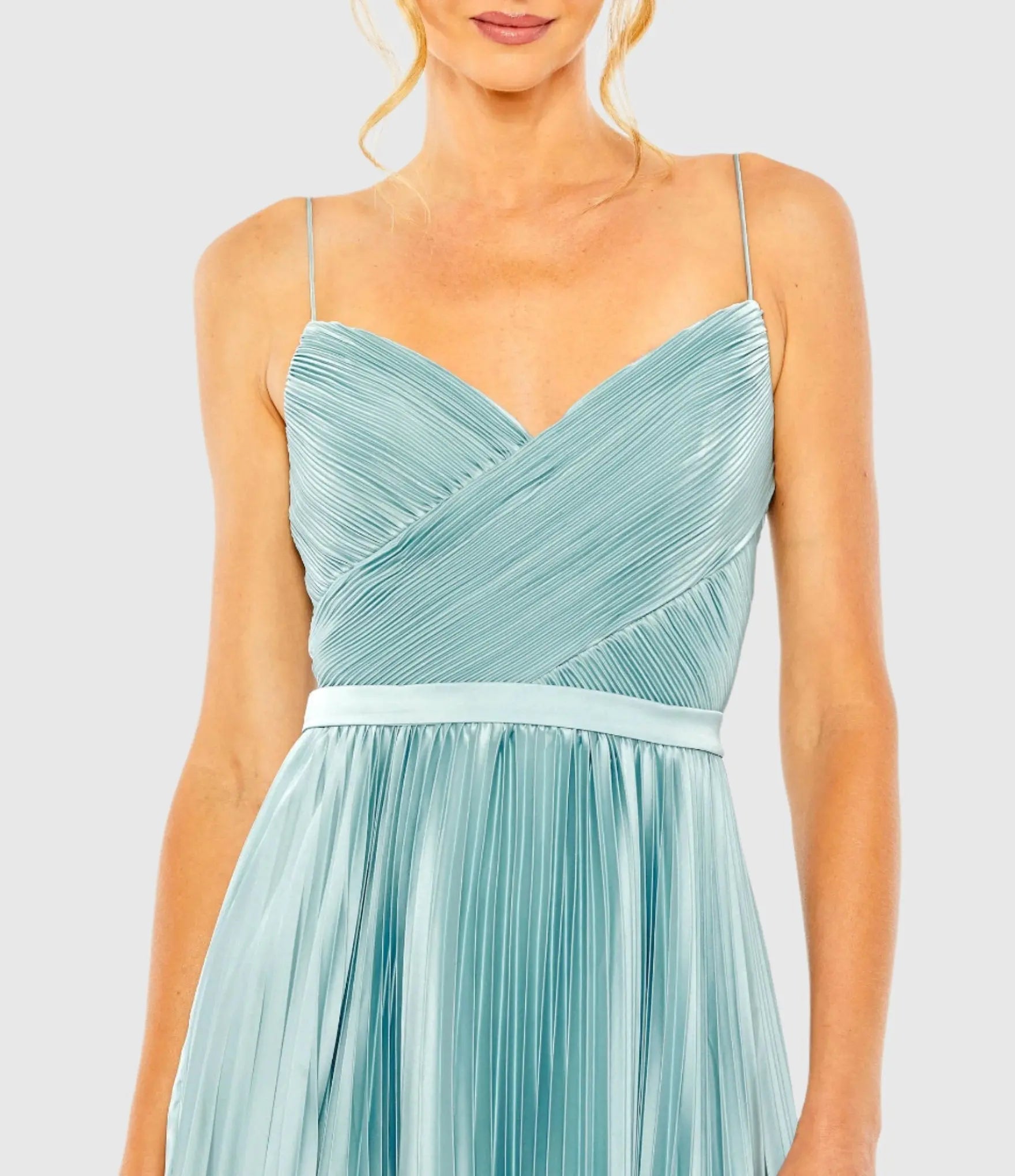 Blue Spaghetti Strap Surplice Top Pleated Dress