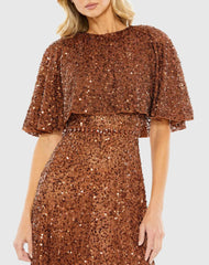 Brown Embellished Cape High Neck Midi Dress
