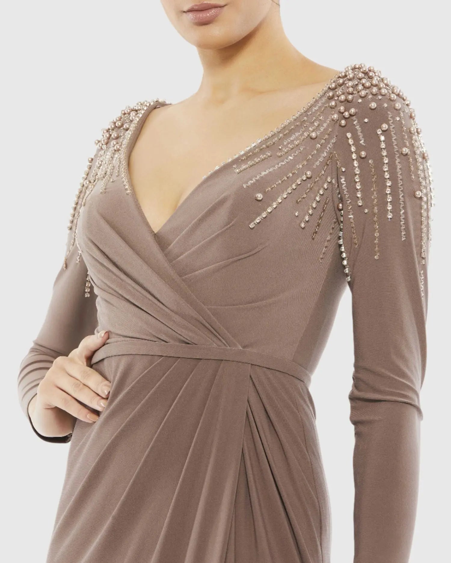 Brown Faux Wrap Jersey Gown w/ Embellished Accents