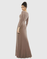 Brown Faux Wrap Jersey Gown w/ Embellished Accents