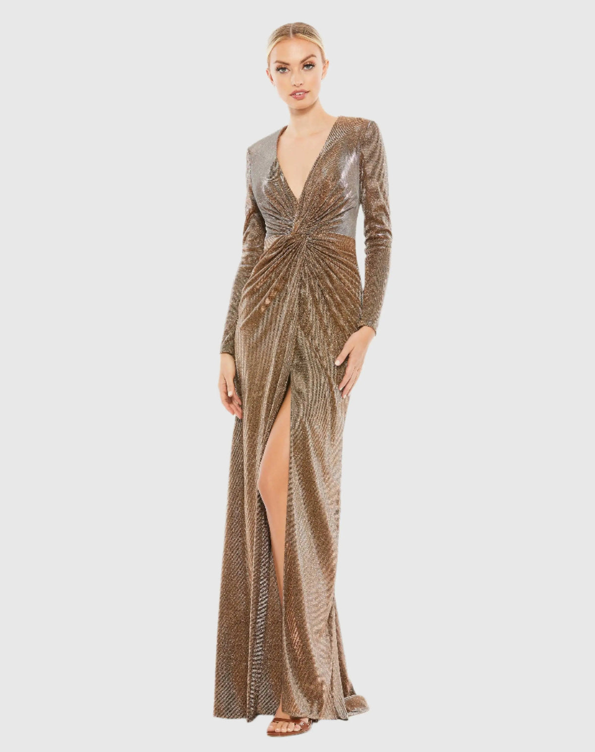 Brown Front Twist V Neck Long Sleeve Gown