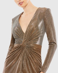 Brown Front Twist V Neck Long Sleeve Gown