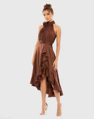 Brown Halter Neck Flower Detail Ruffled Midi Dress