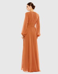 Brown V-Neck Illusion Long Sleeve Chiffon Gown