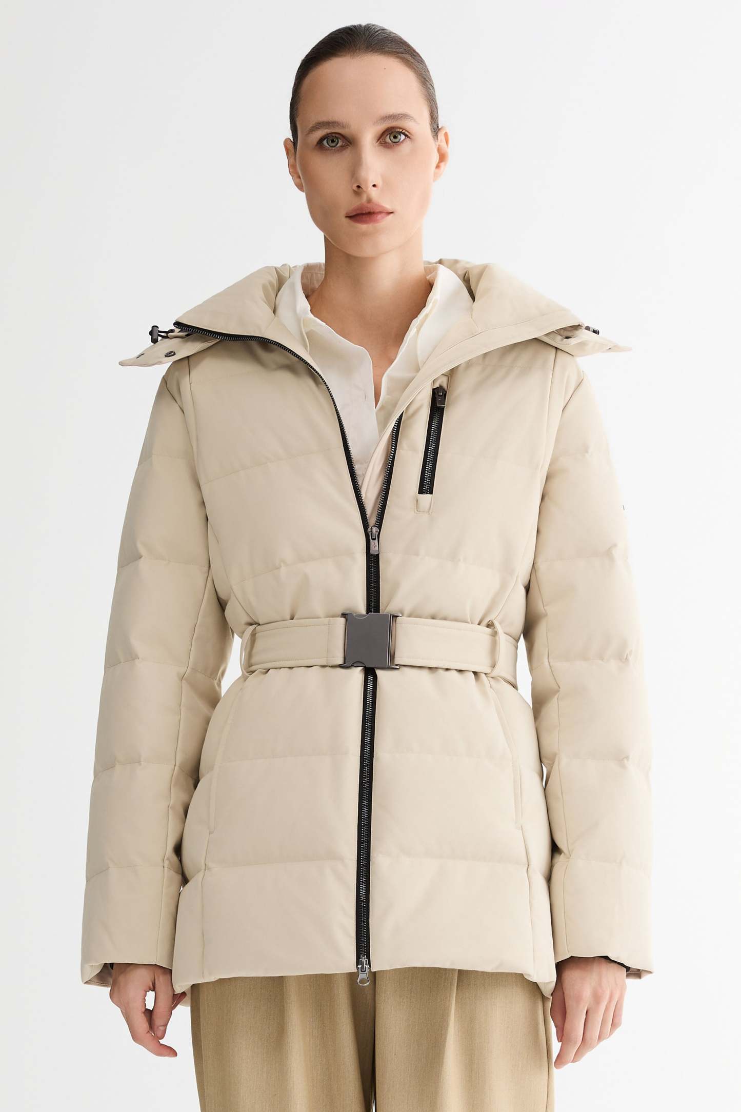 Celeste Polished Edge Belted Hooded Down Jacket