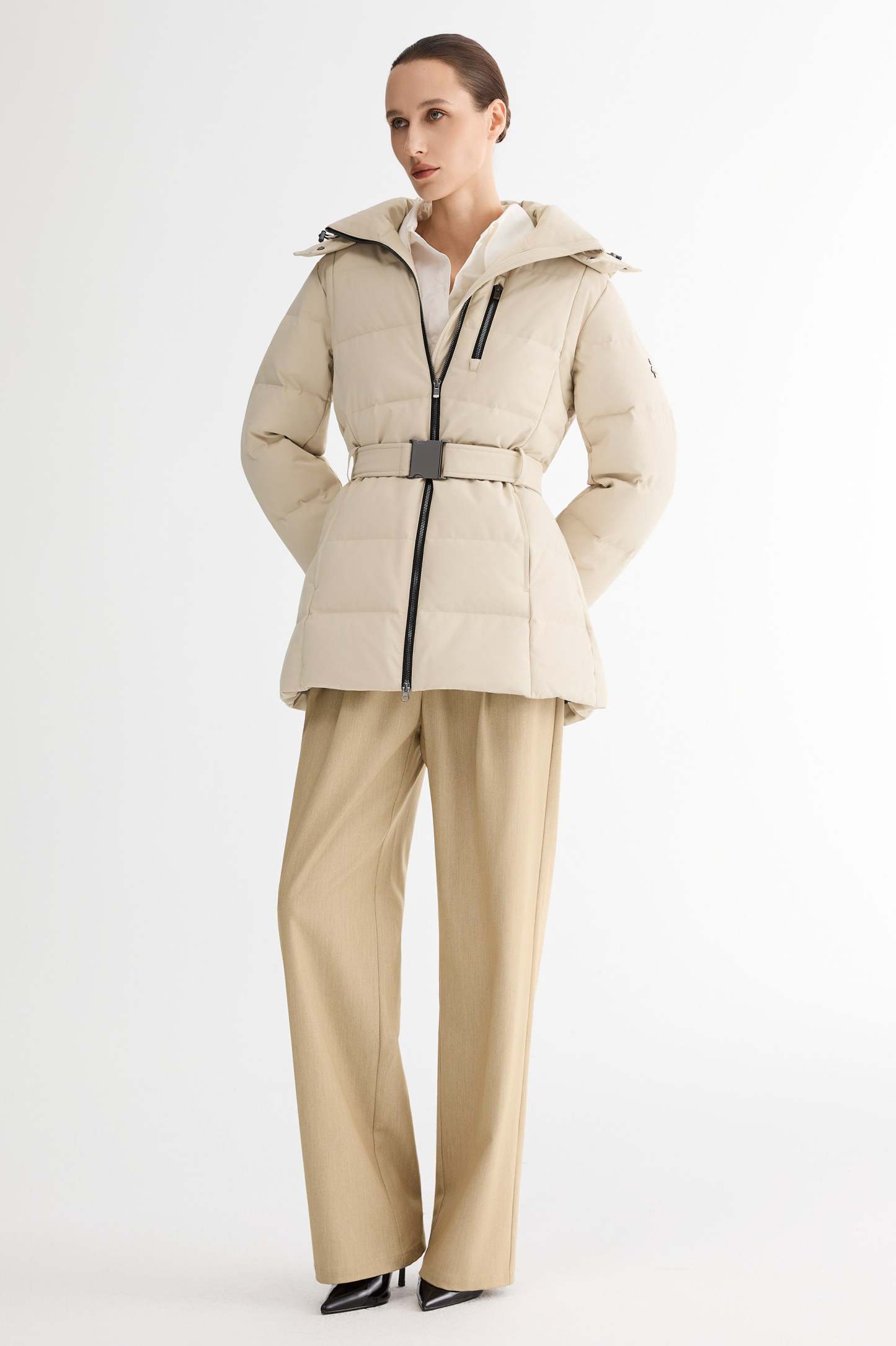 Celeste Polished Edge Belted Hooded Down Jacket