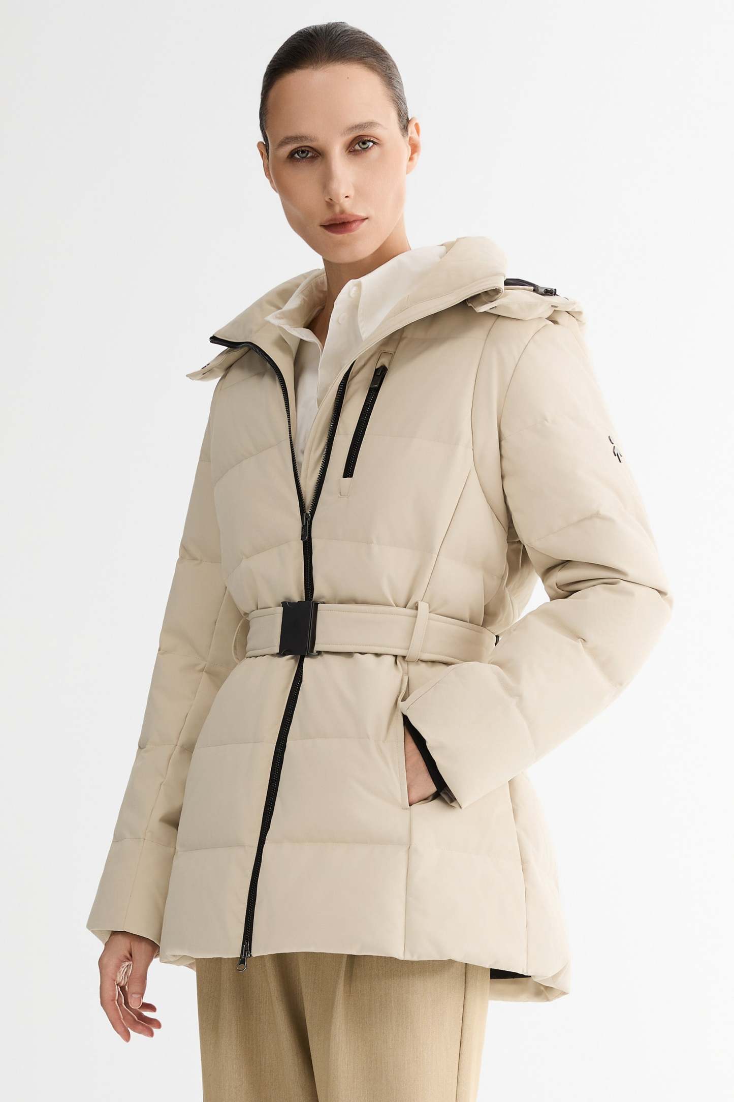 Celeste Polished Edge Belted Hooded Down Jacket