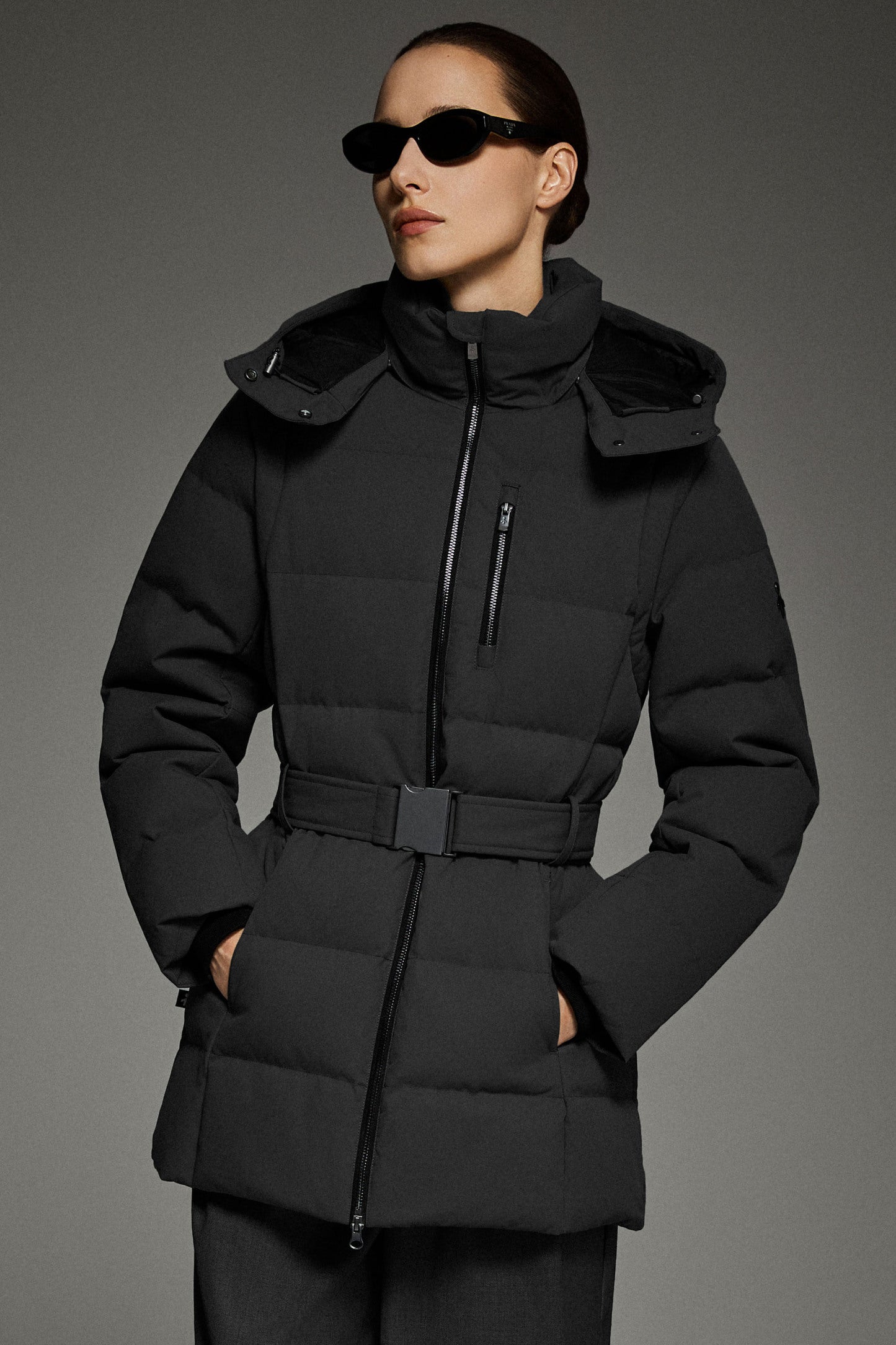Celeste Polished Edge Belted Hooded Down Jacket