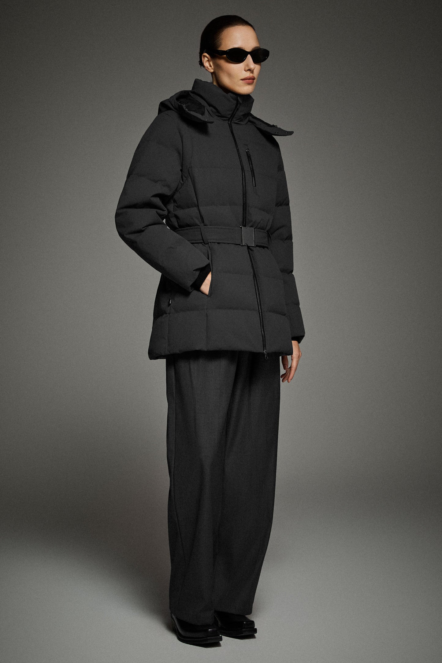 Celeste Polished Edge Belted Hooded Down Jacket