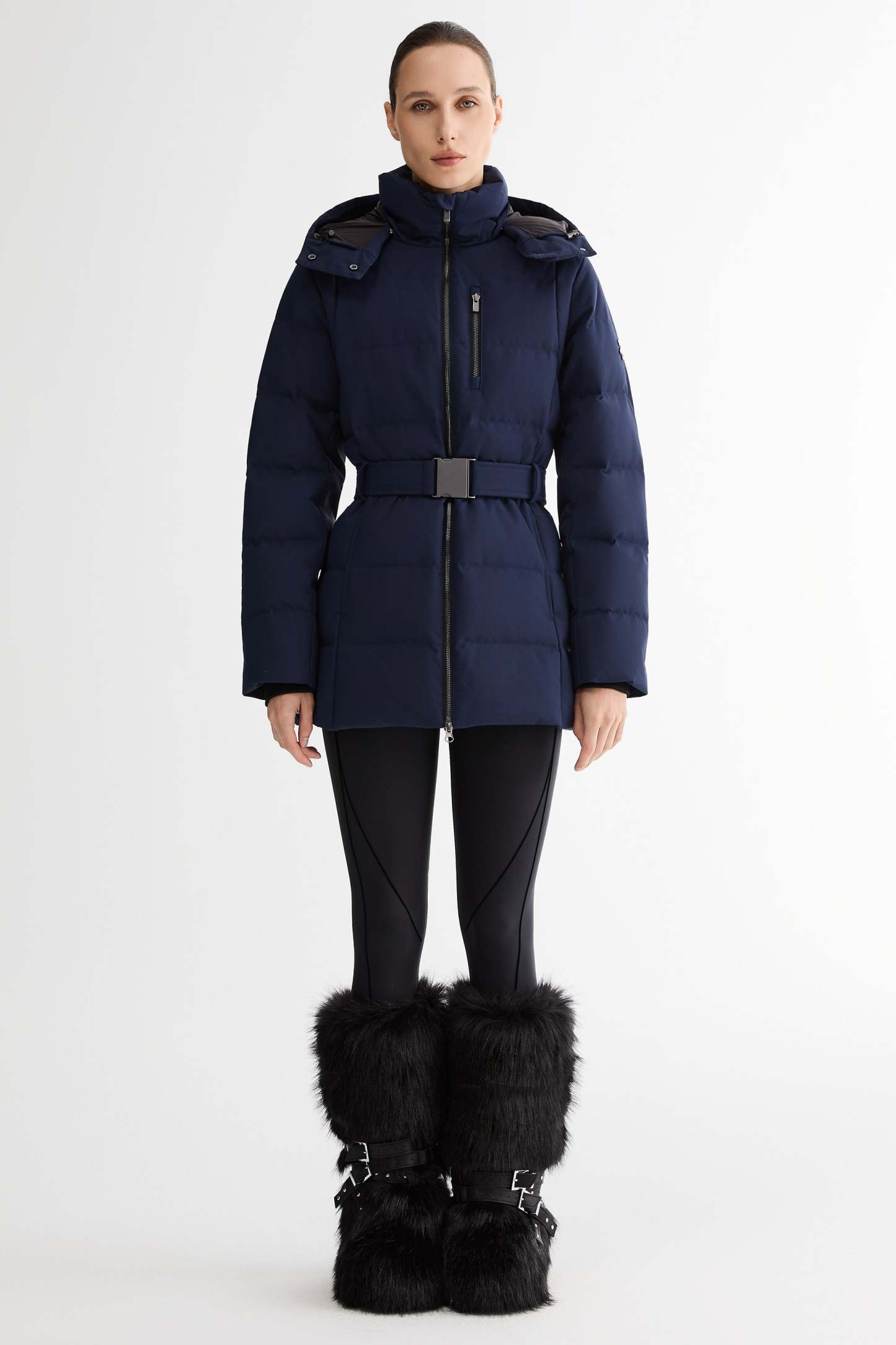 Celeste Polished Edge Belted Hooded Down Jacket
