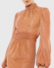 Orange Glitter High Neck Puff Sleeve Trumpet Gown