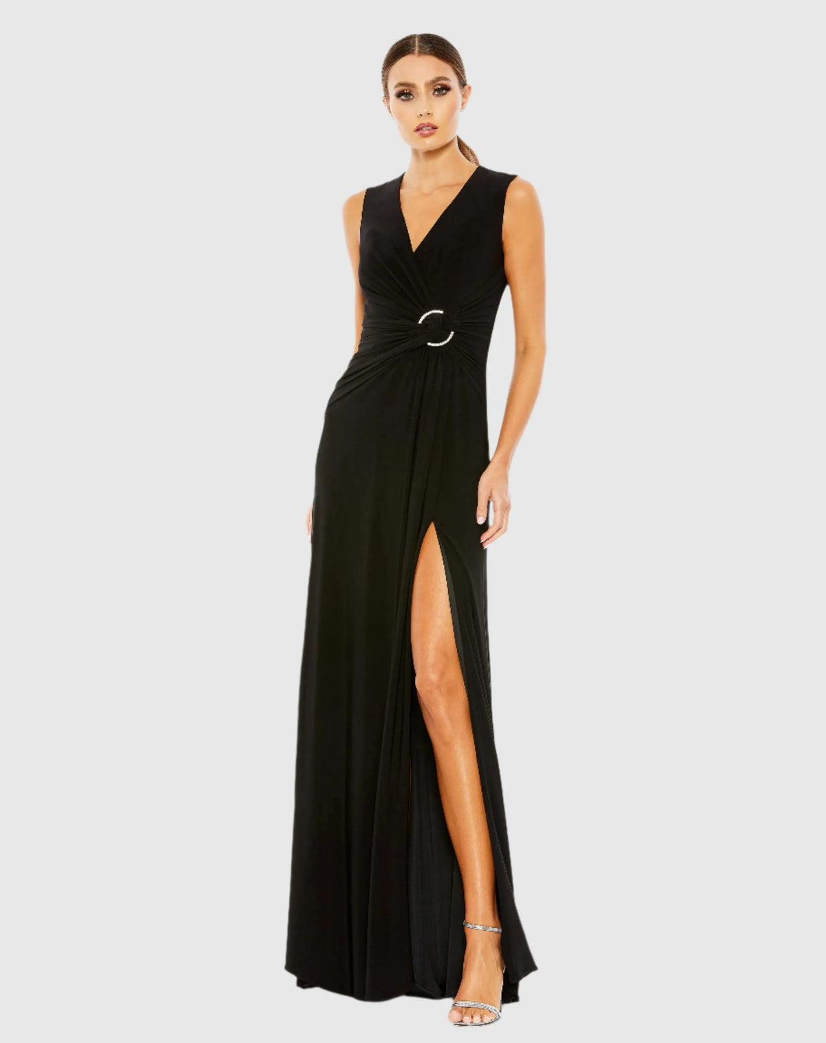 Black Draped Side Knot Jersey Gown w/ Rhinestone Ring