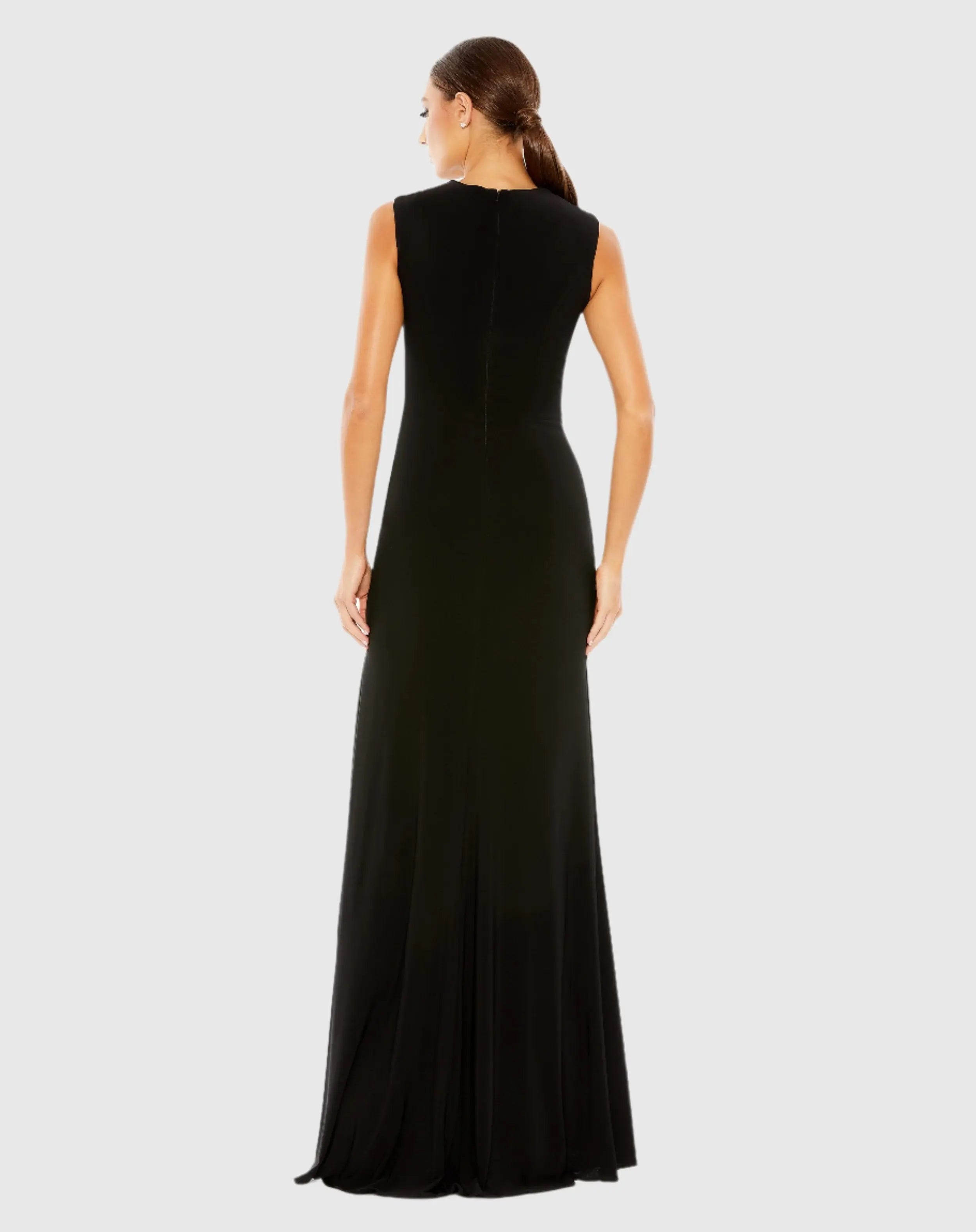 Black Draped Side Knot Jersey Gown w/ Rhinestone Ring