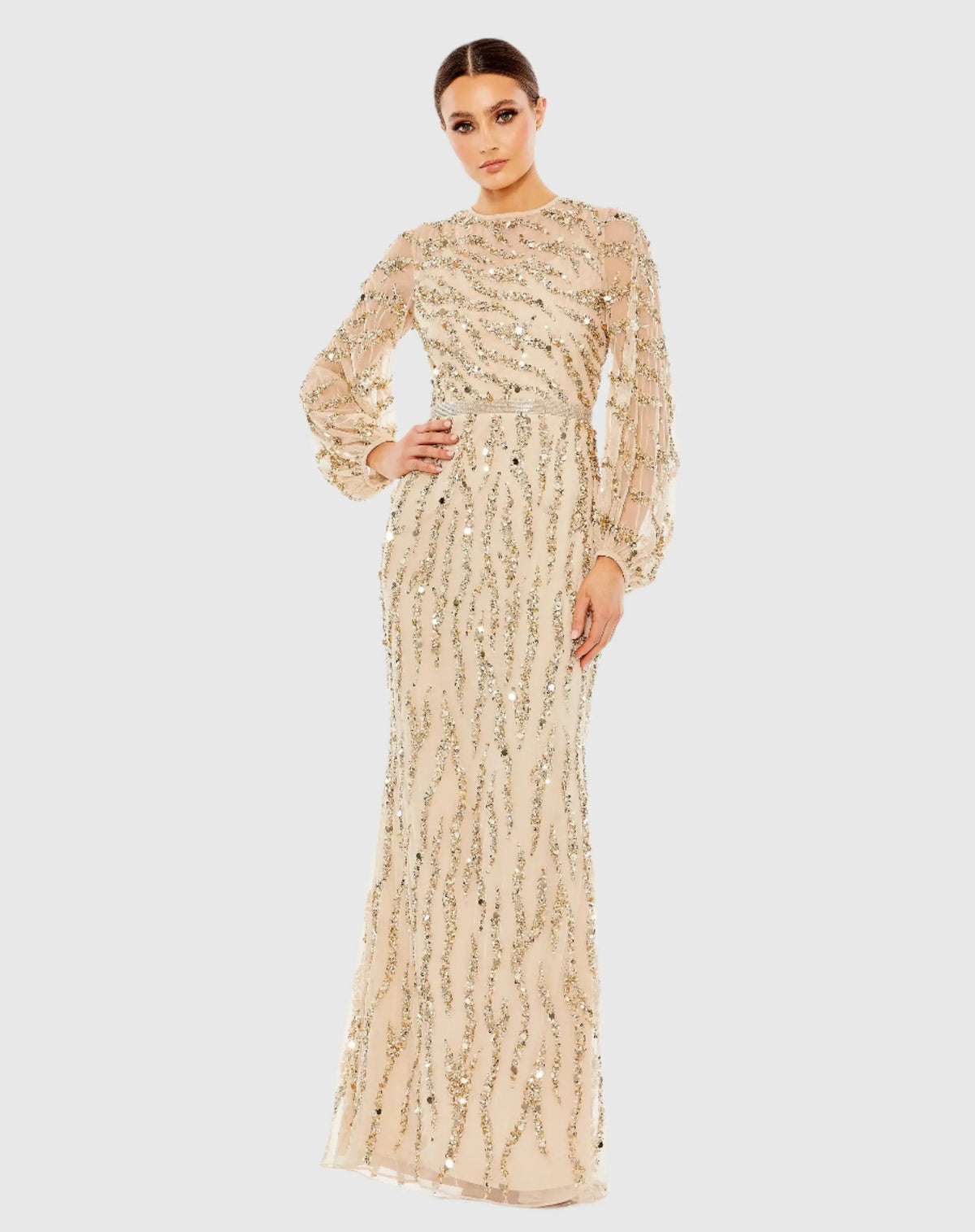 Gold Embellished High Neck Puff Sleeve Trumpet Gown