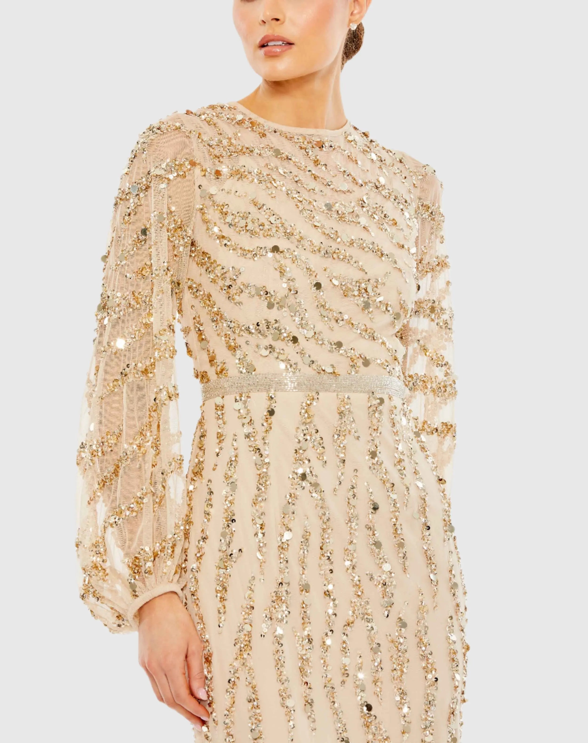 Gold Embellished High Neck Puff Sleeve Trumpet Gown