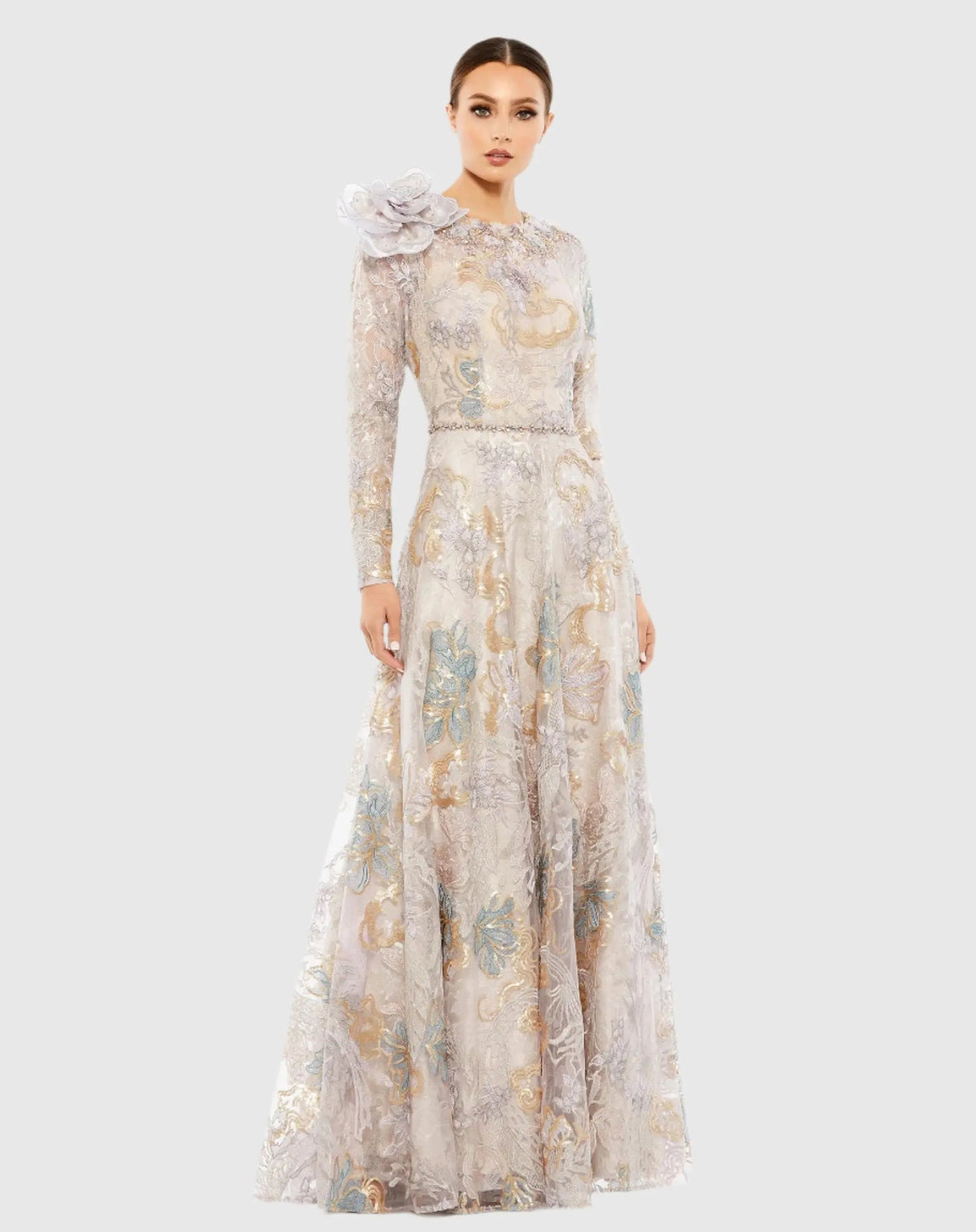 Beige Embellished Long Sleeve High Neck Rose Applique Gown