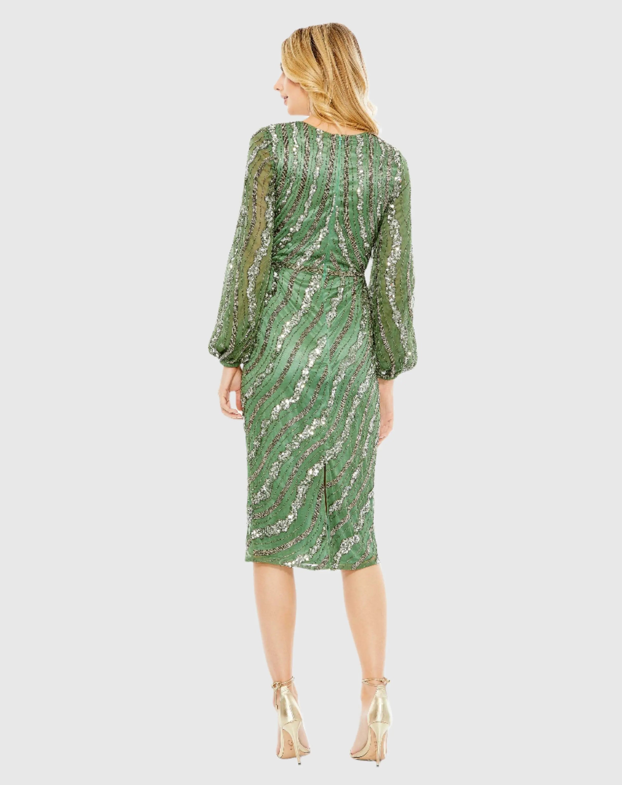 Green Embellished Long Sleeve Midi Dress