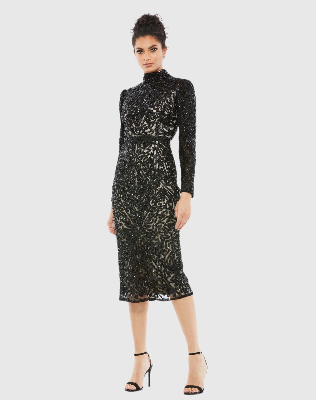 Black Embellished Mock Neck Long Sleeve Dress