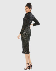 Black Embellished Mock Neck Long Sleeve Dress