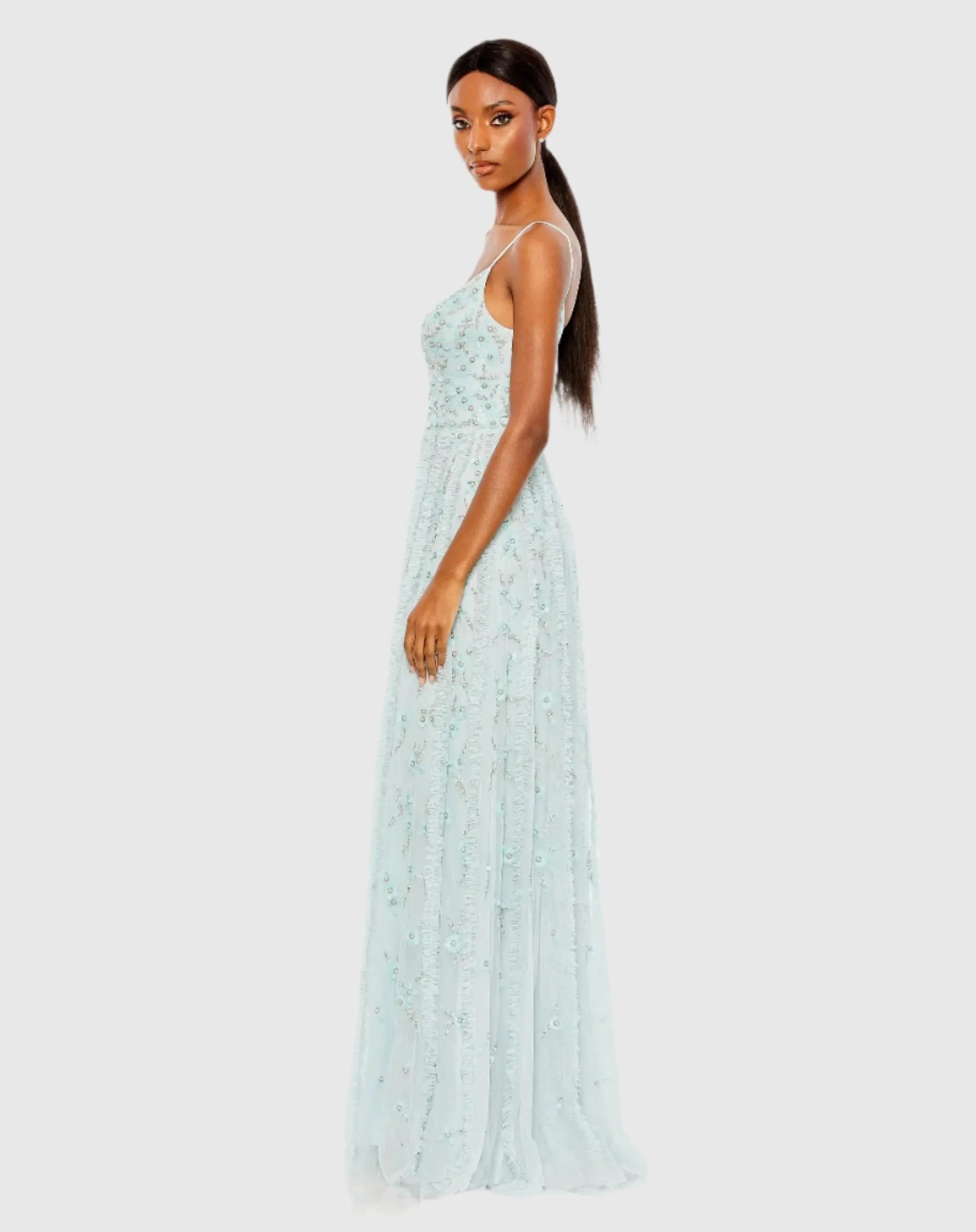Blue Embellished Ruffled Spaghetti Strap A Line Gown