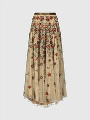 Beige Floral Beaded Long Chiffon Skirt