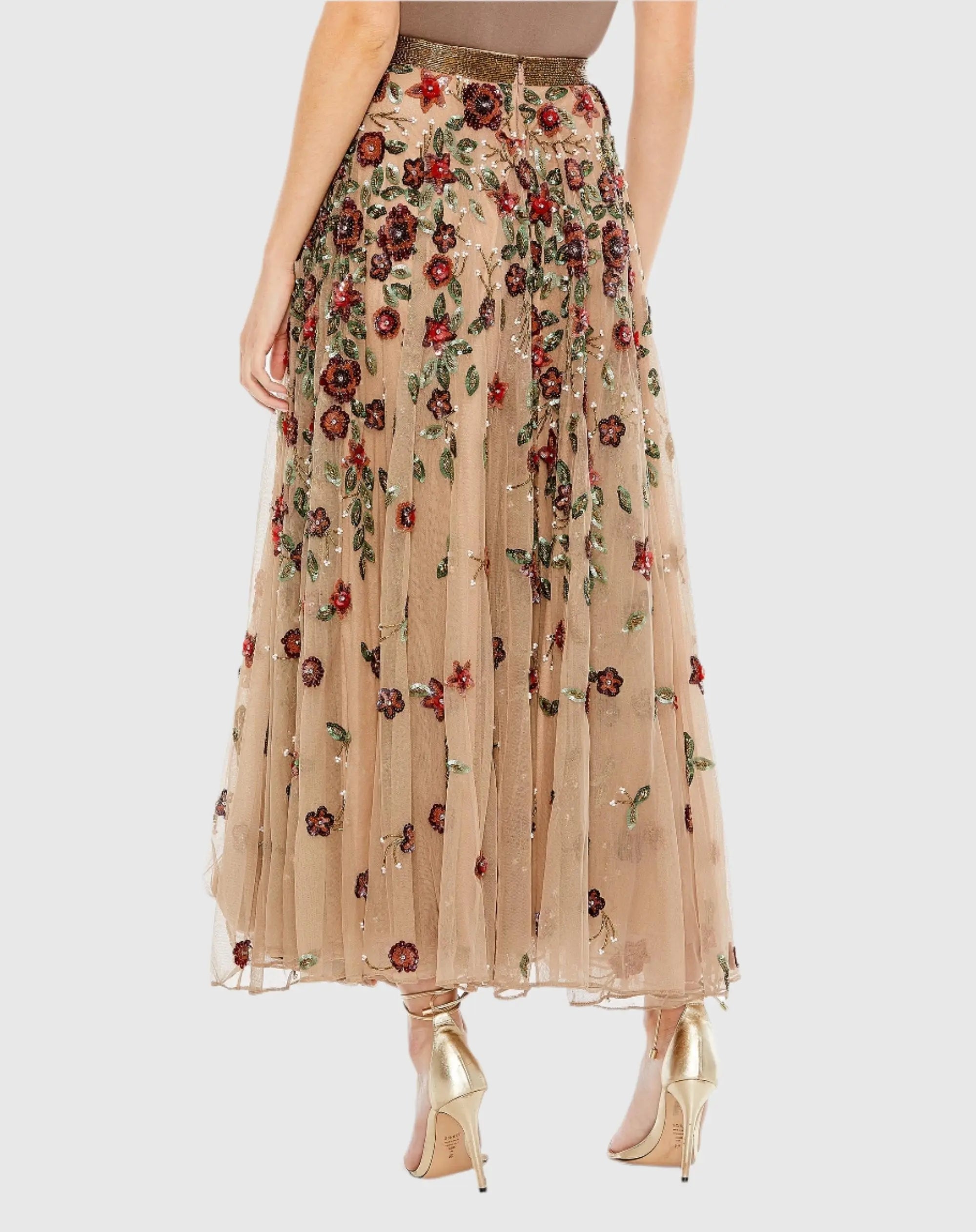 Beige Floral Beaded Long Chiffon Skirt