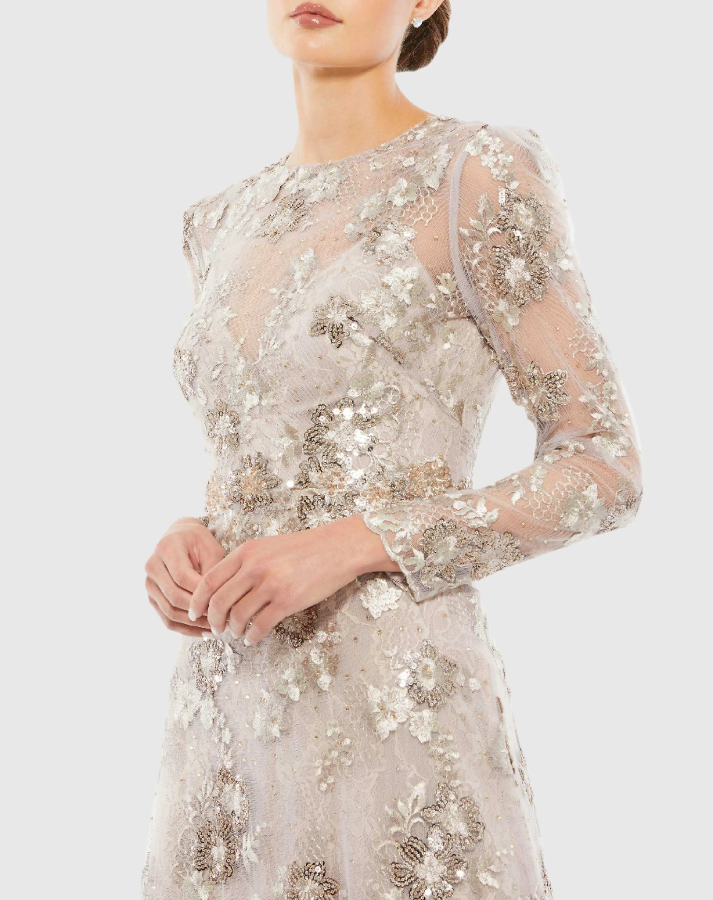 Beige Floral Embroidered Illusion Long Sleeve Evening Gown