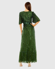 Green Flutter Sleeve Deep V Ruffle Hem Sequin Gown