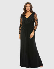 Black Front Twist Embellished Illusion Long Sleeve Gown (Plus)