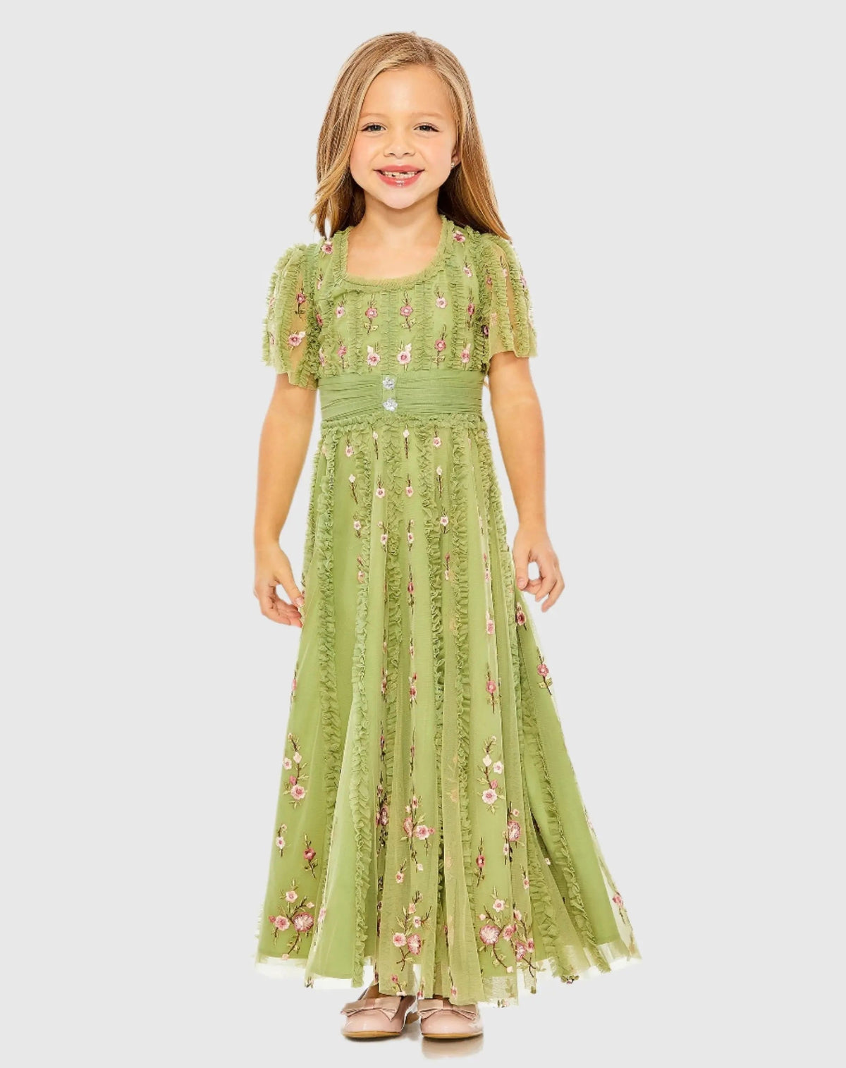 Green Girls Ruffle Flutter Sleeve Floral Mini Dress