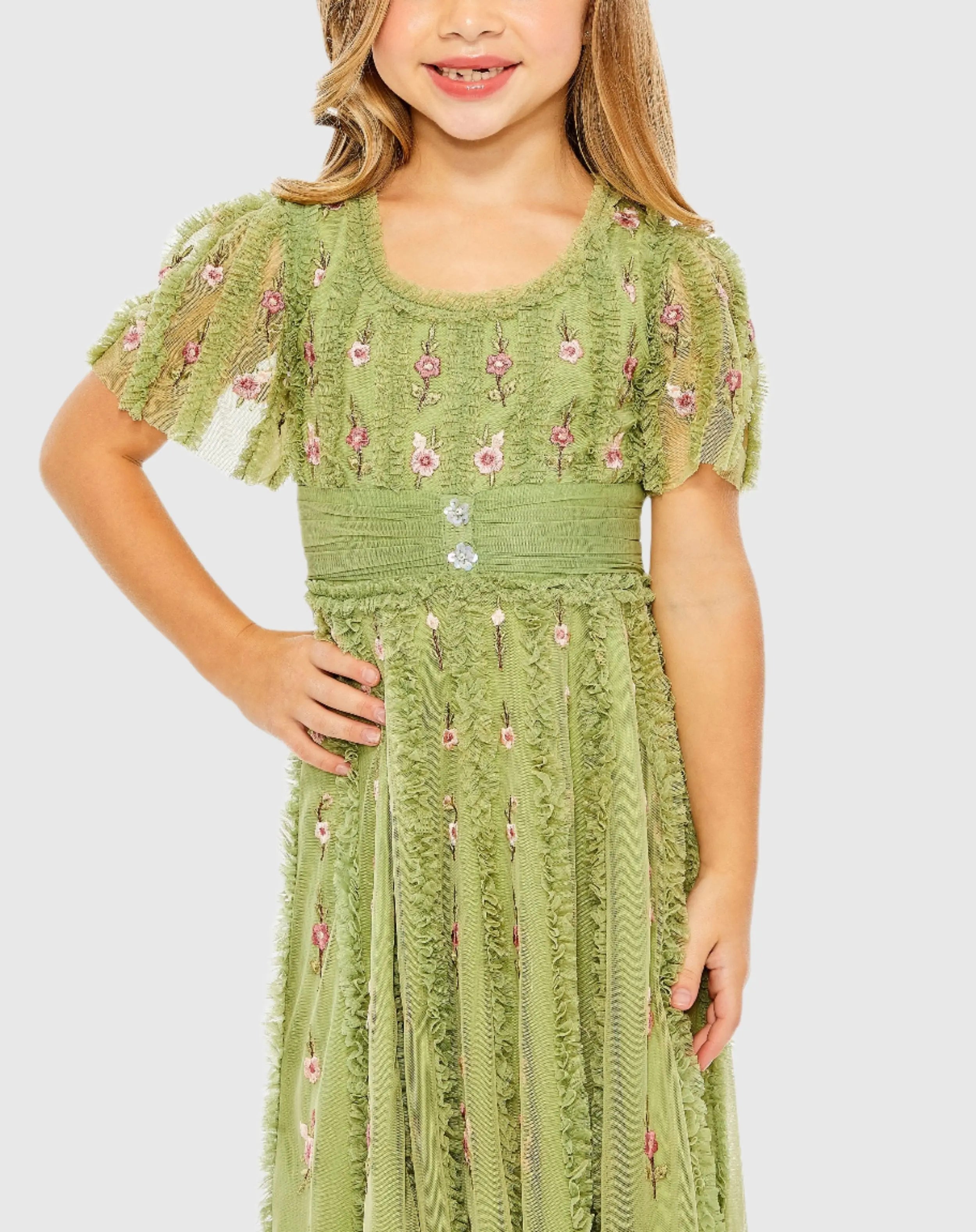 Green Girls Ruffle Flutter Sleeve Floral Mini Dress